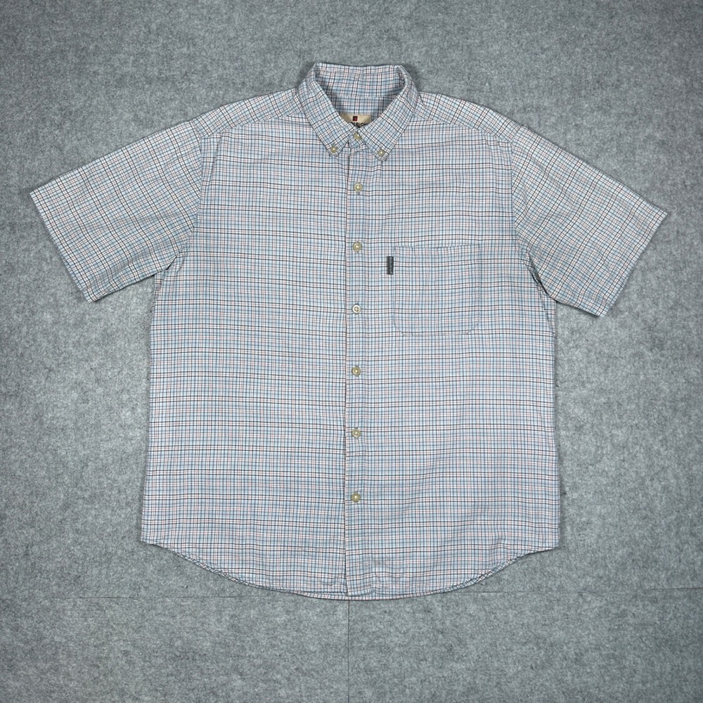 Woolrich shirt Mens Large Blue Plaid Button Down Short Sleeve Cotton Casual